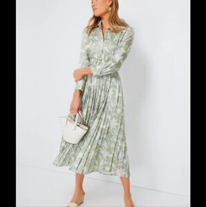 Tuckernuck Sage Green Floral Pleated Midi Shirt Dress